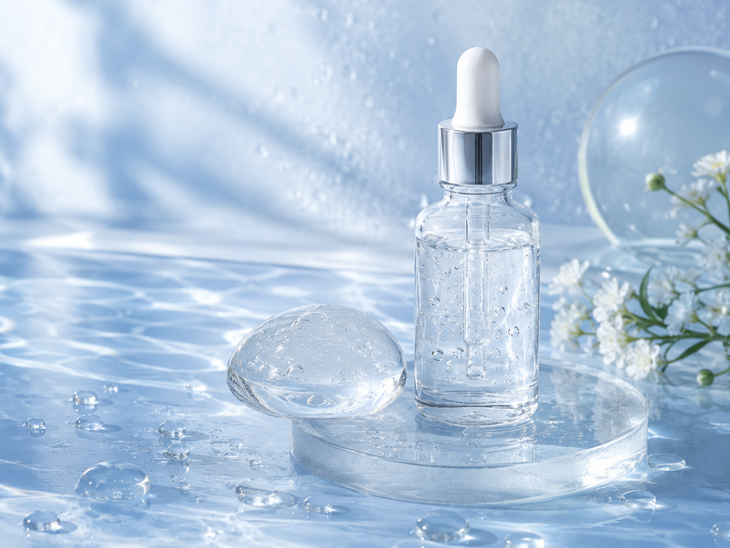 Hyaluronic acid serum with water droplets for hydrated skin