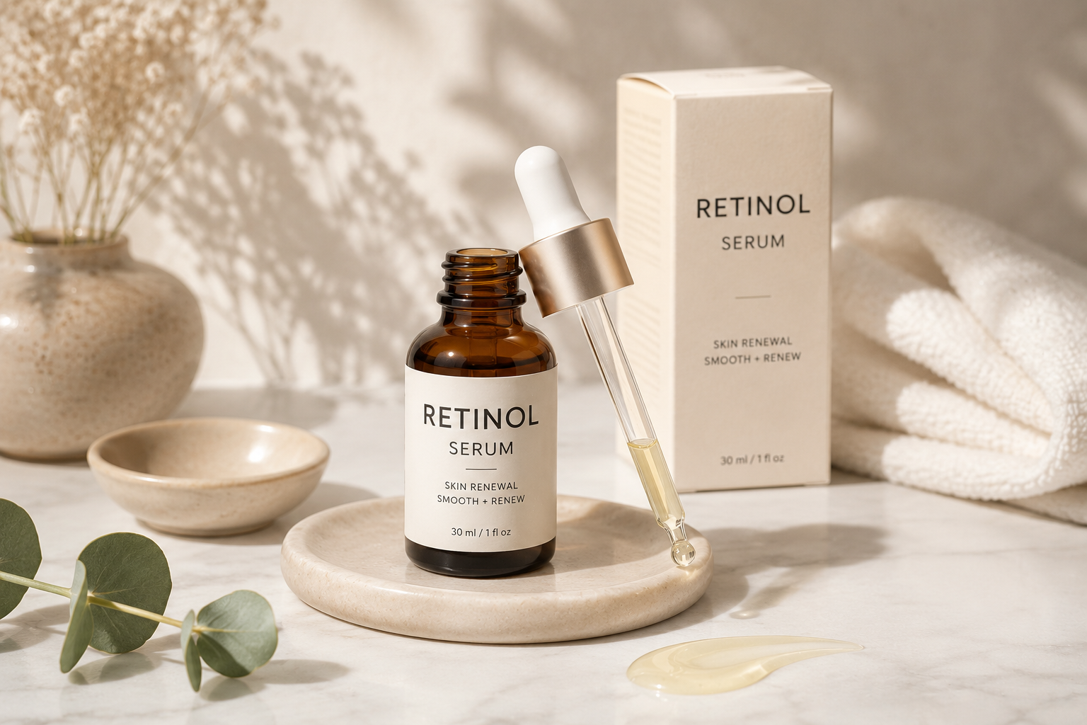 Retinol serum bottle for a beginner nighttime skincare routine