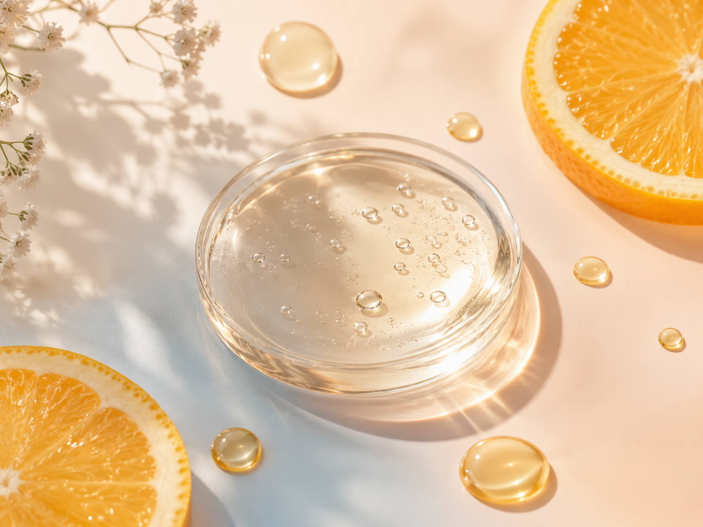 vitamin c skincare ingredient hero image with soft citrus inspired skincare textures