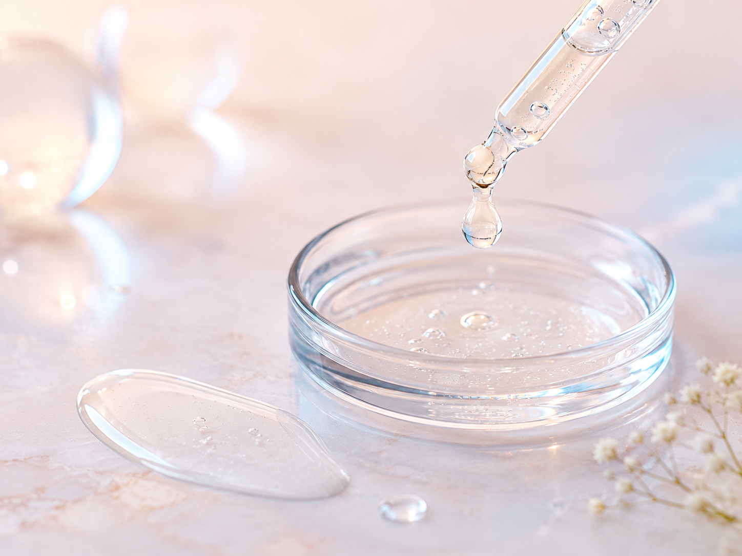 glycerin skincare ingredient hero image with hydrating serum and soft blue beige textures