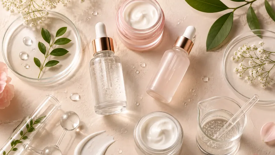 skincare ingredients guide with serums moisturizers water droplets and botanical skincare elements